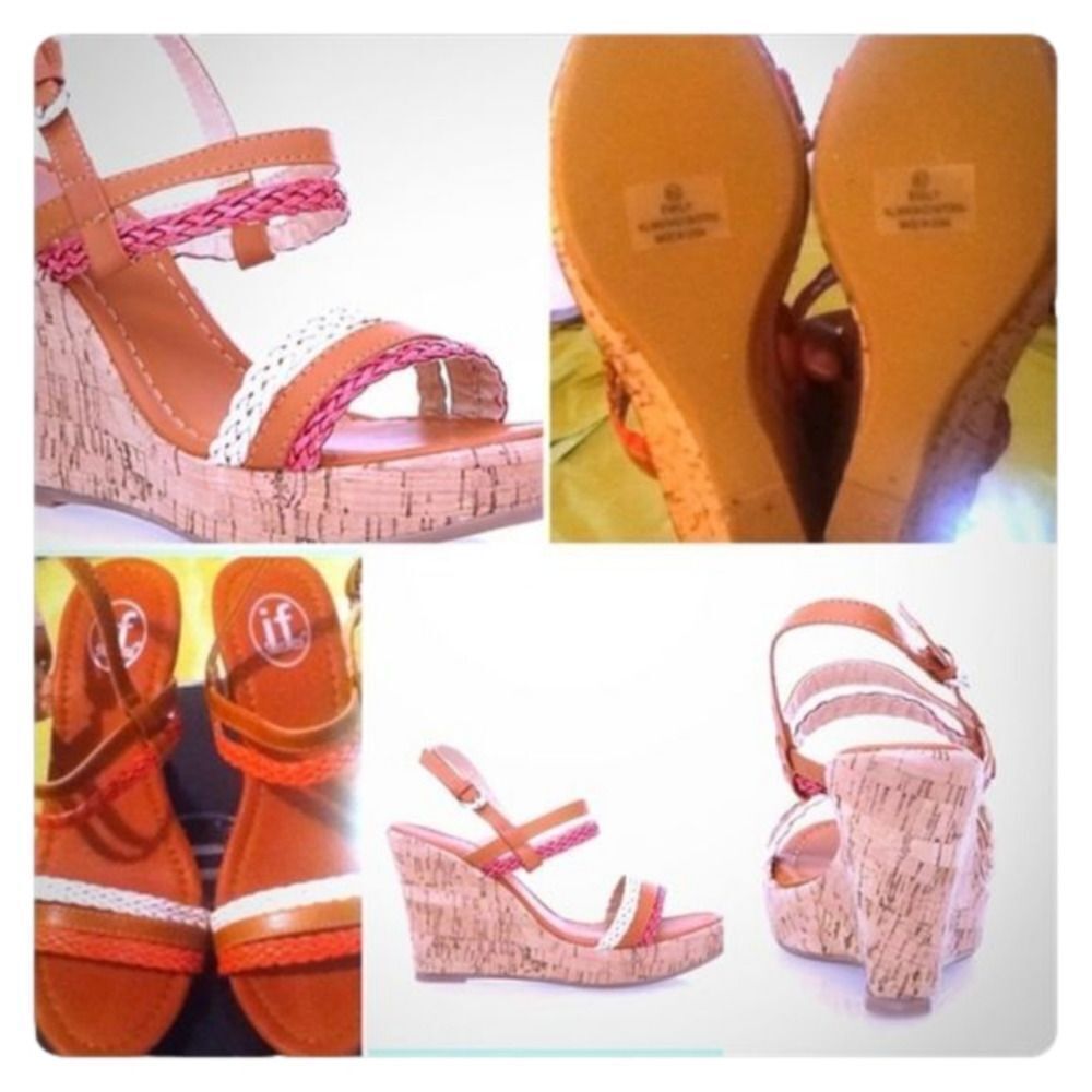 Ladies Tan Multicolor Braided Strap Wedges 8.5